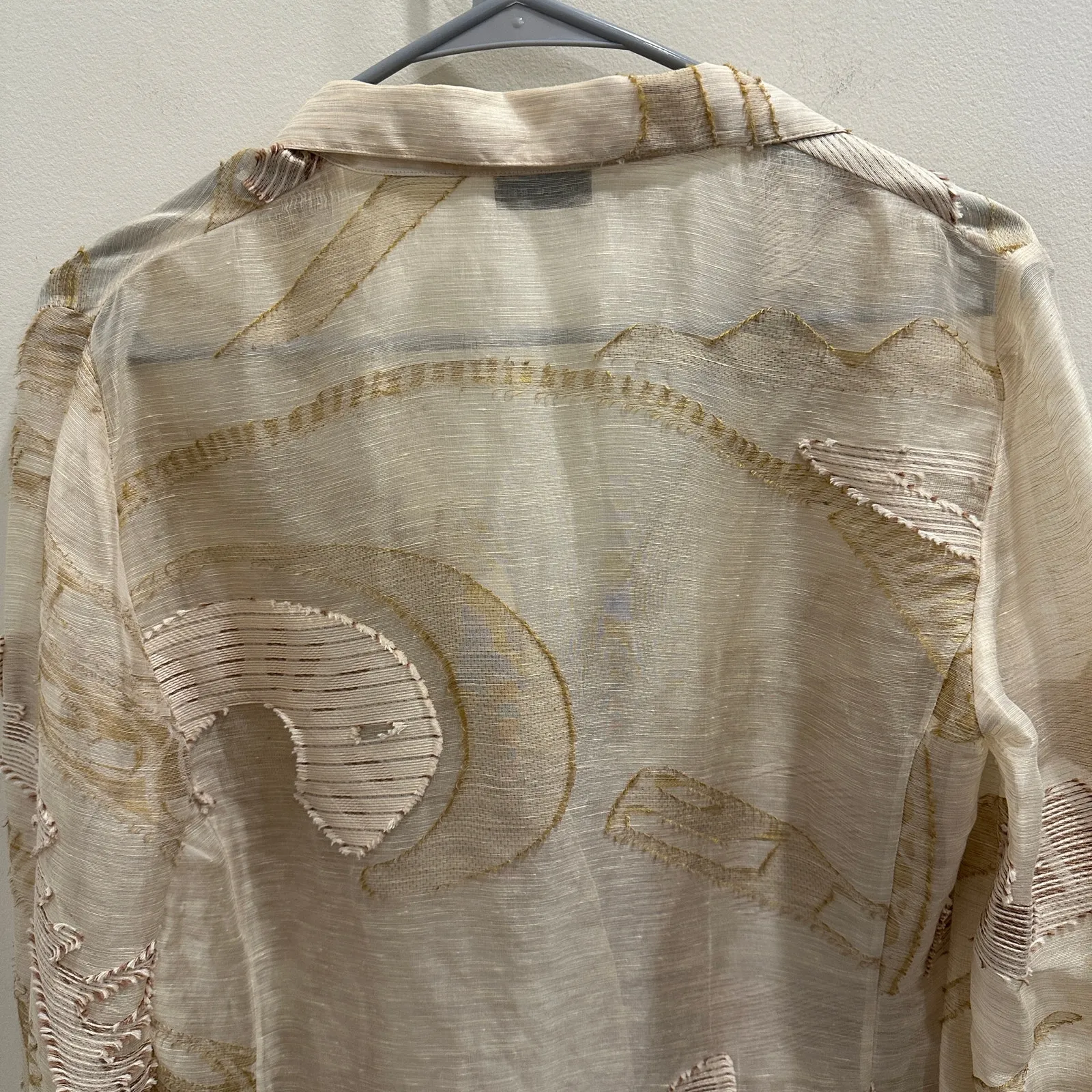 Akris Sheer Linen Silk Cotton Embroidered Abstract Boho Blouse Beige Gold Size 8 - Image 10