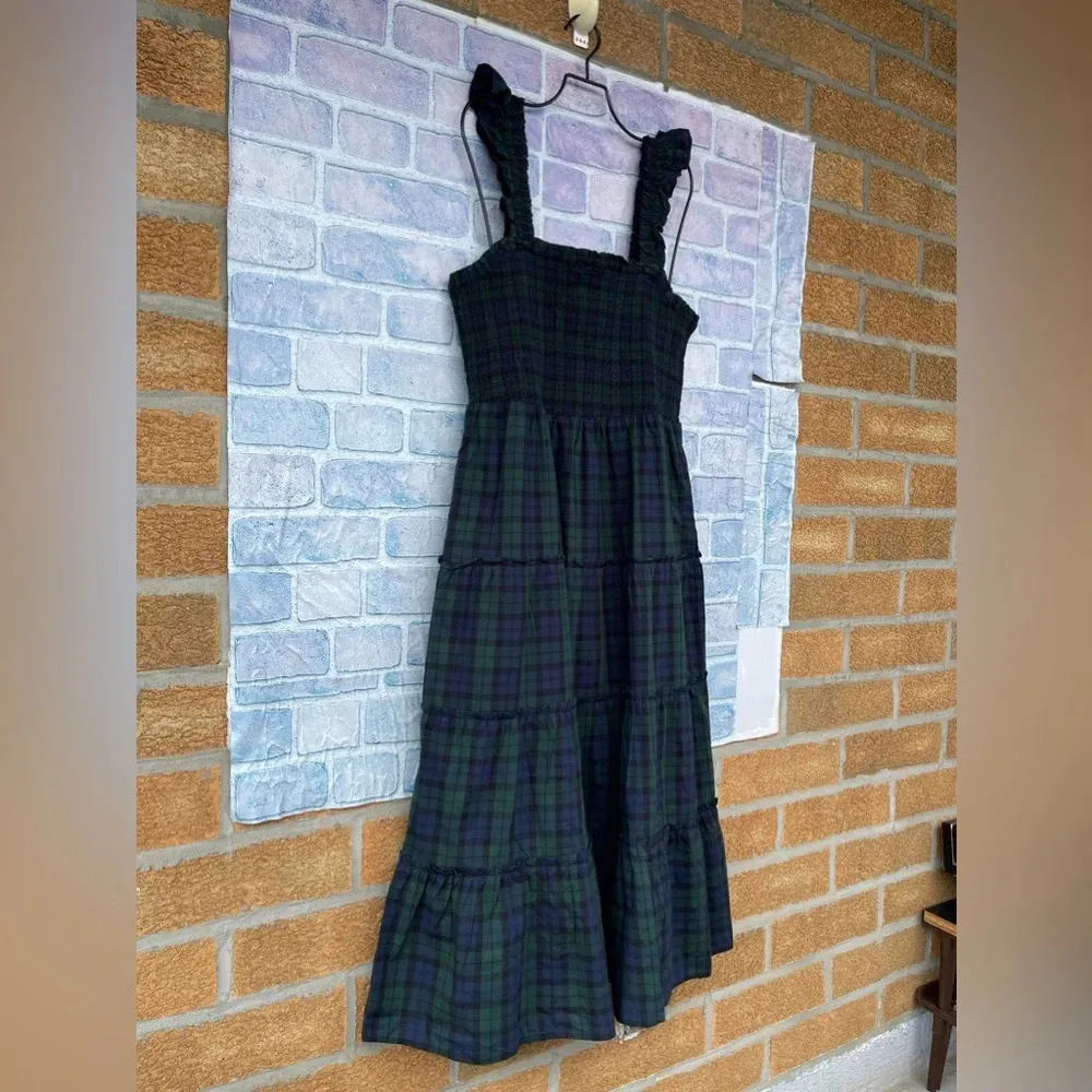 J. Crew Cotton  Smocked Tiered Plaid Midi Dress in Navy Green Tartan medium - Image 3