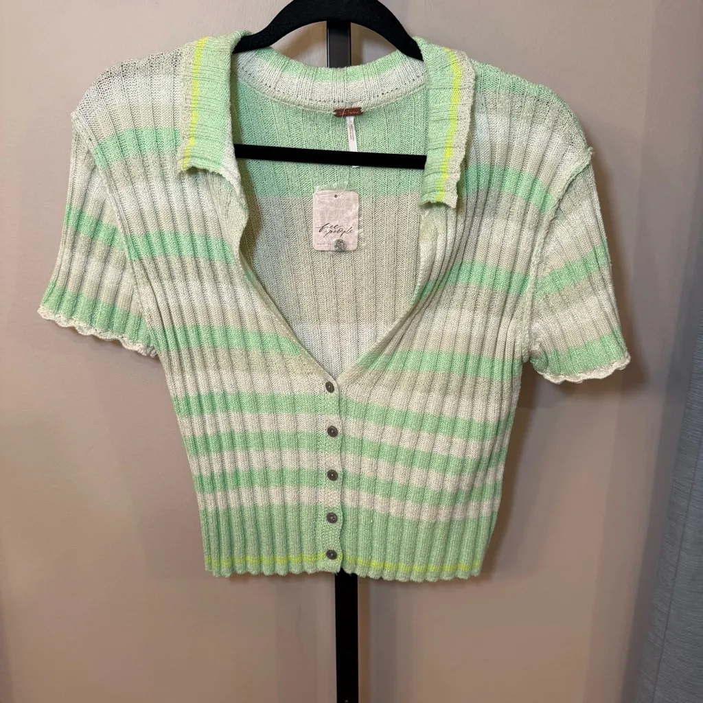 Free People NWT Flirt Cardi‎ Short Sleeve Sweater Green Cream Stripe Size Medium - Image 3