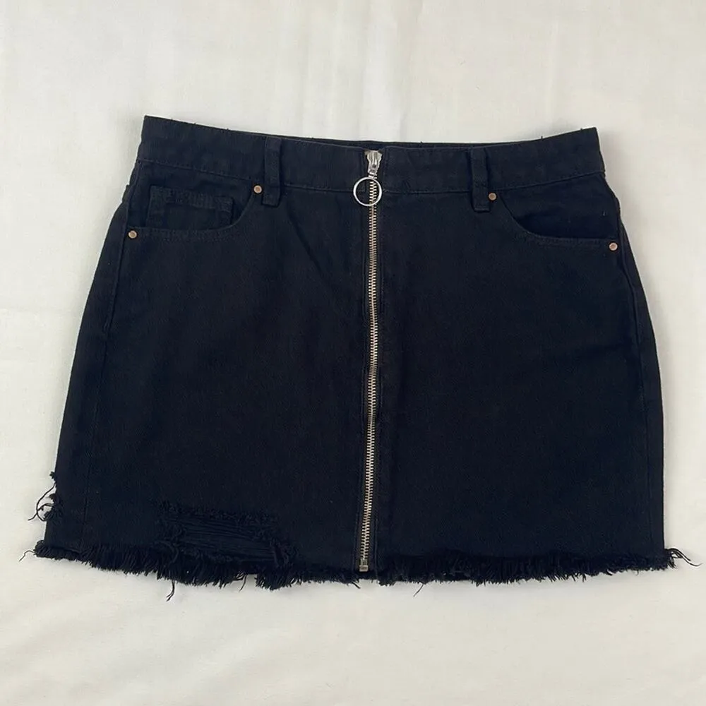 PACSUN Distressed O-Ring Denim Skirt Black Frayed Hem Size 27 - Image 2