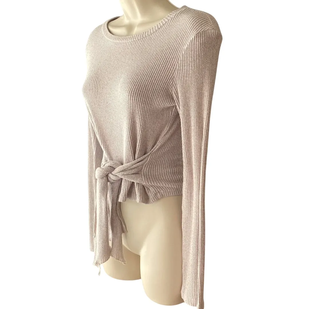 ZARA Tan Ribbed Cropped Tie Front Back Long Sleeve Sweater ~ Women's Size SMALL - Image 5