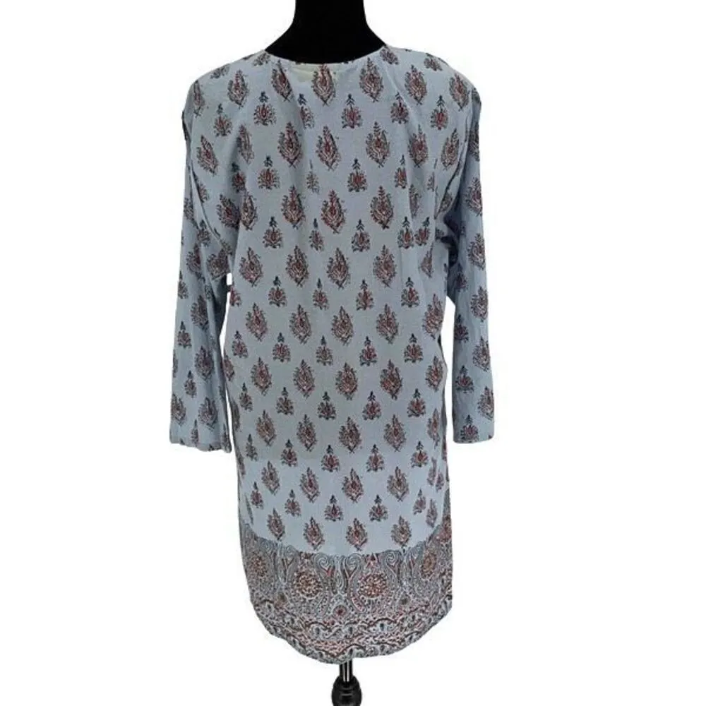Roller Rabbit Printed Split Neck August Kurta Tunic Cover Up Gray Blue Large NWO - Image 6