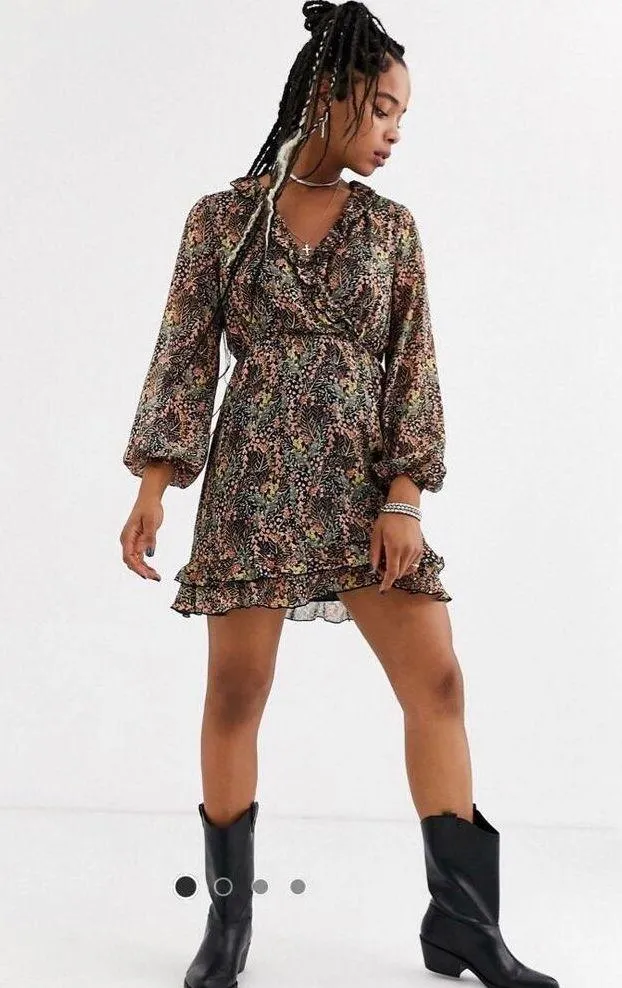 Topshop Surplice Neck Ruffle Sheer Mini Dress Forest Print Lined EUC Sz 6 - Image 15