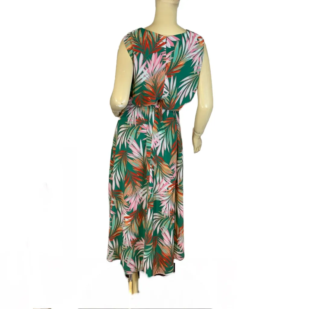 TAHARI ASL GREEN & PINK TROPICAL PRINT CHIFFON MIDI DRESS AND BELT (16) - Image 5