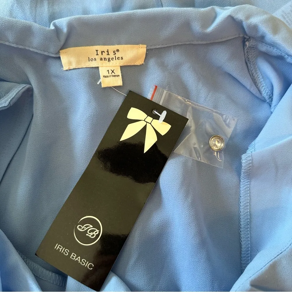 Iris basic Iris Periwinkle Blue Cropped Tie Waist Button Front Ruffle Blouse size 1X NWT - Image 8