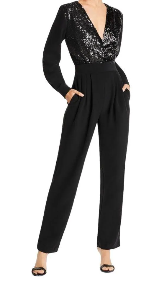 Lini NWT Stella Sequin V Neck Top Straight Leg Party Jumpsuit Black Size XS - Image 12