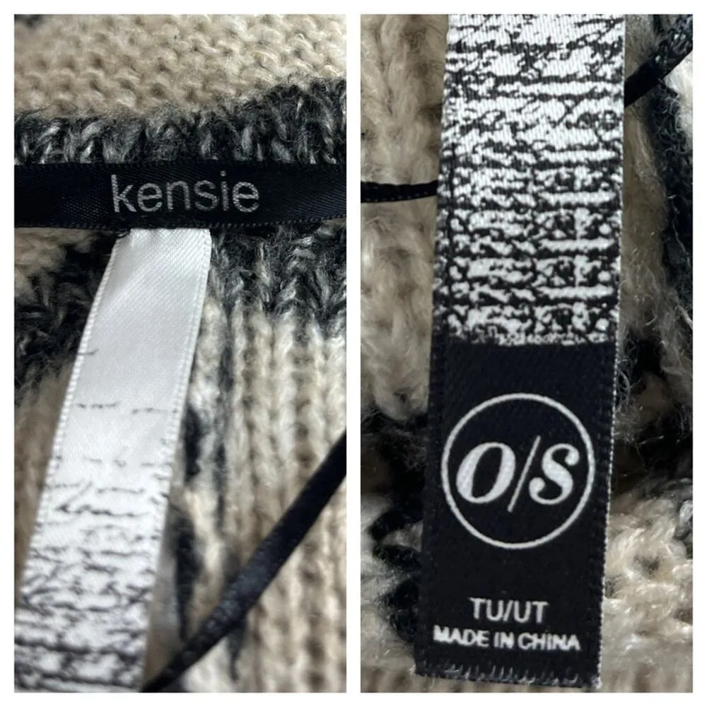 Kensie Sweater Cardigan Knit Poncho Fringe Hem Cream Gray Stripe Womens One Size - Image 11