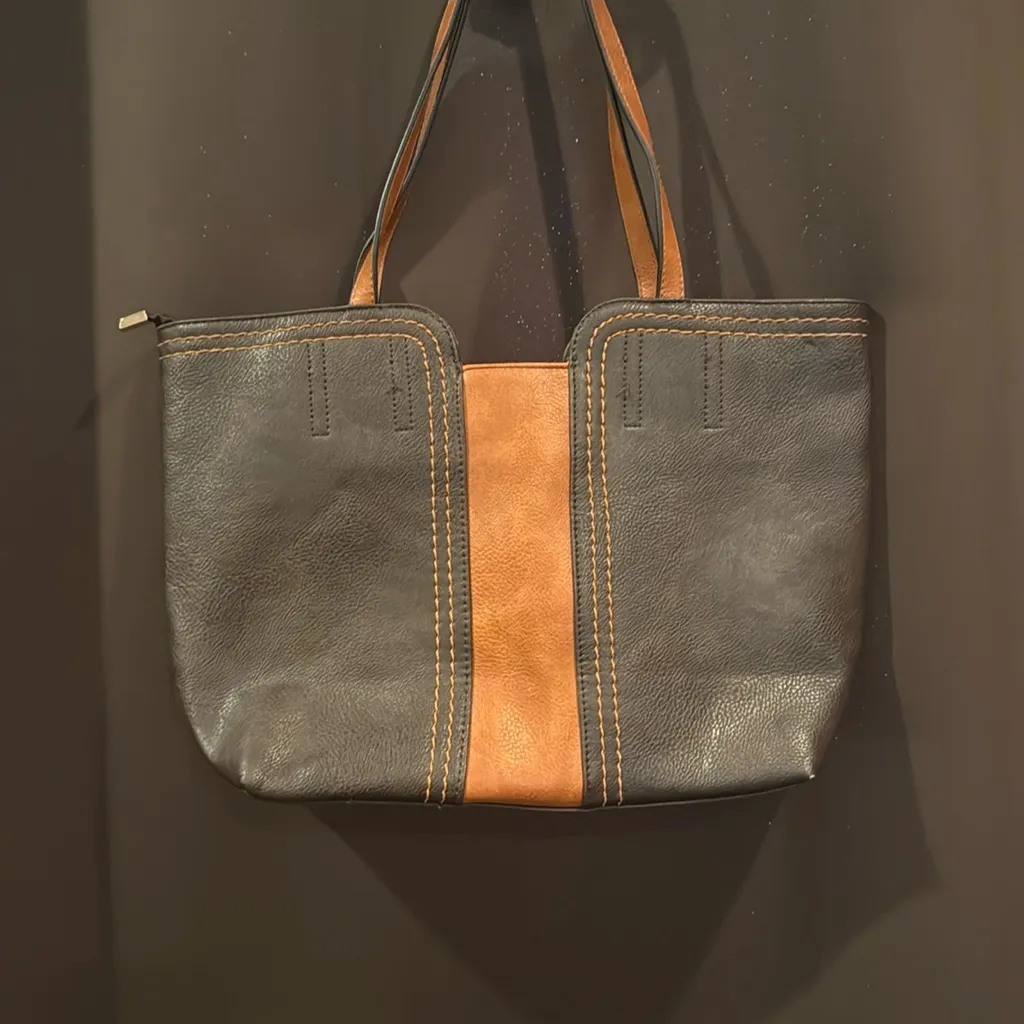 Montana West Brown and Tan Tote Bag with Contrast Stitching, Faux Leather - Image 3