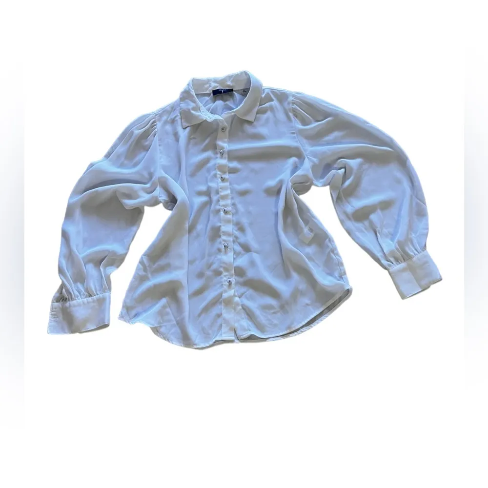 TAHARI  Womens Ivory White And Metal Button-Up High/Low Tunic dress Blouse Sz M - Image 2