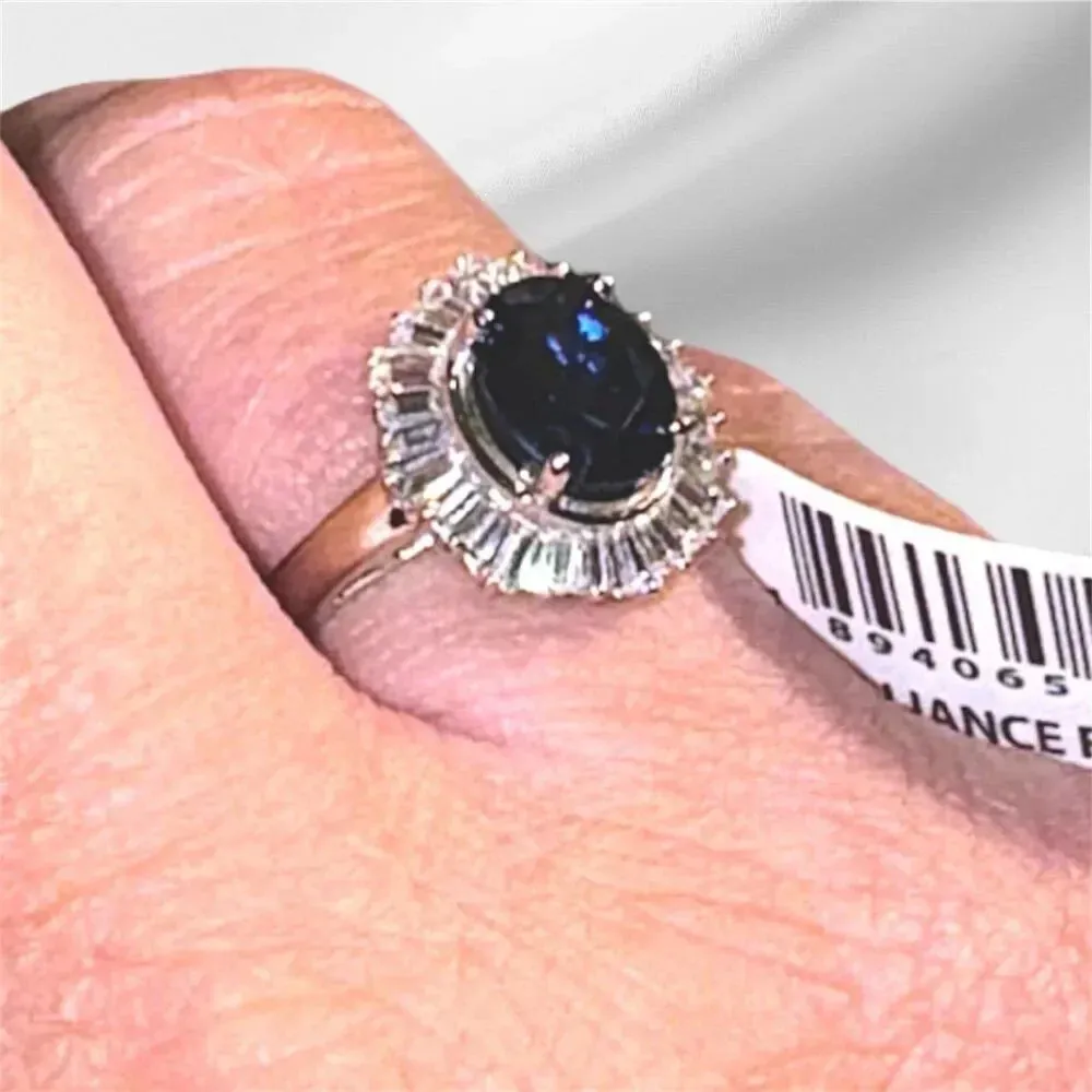 Sterling Silver Oval Created Sapphire Halo Ring Classic Elegant Style Size 7.5 Blue - Image 2
