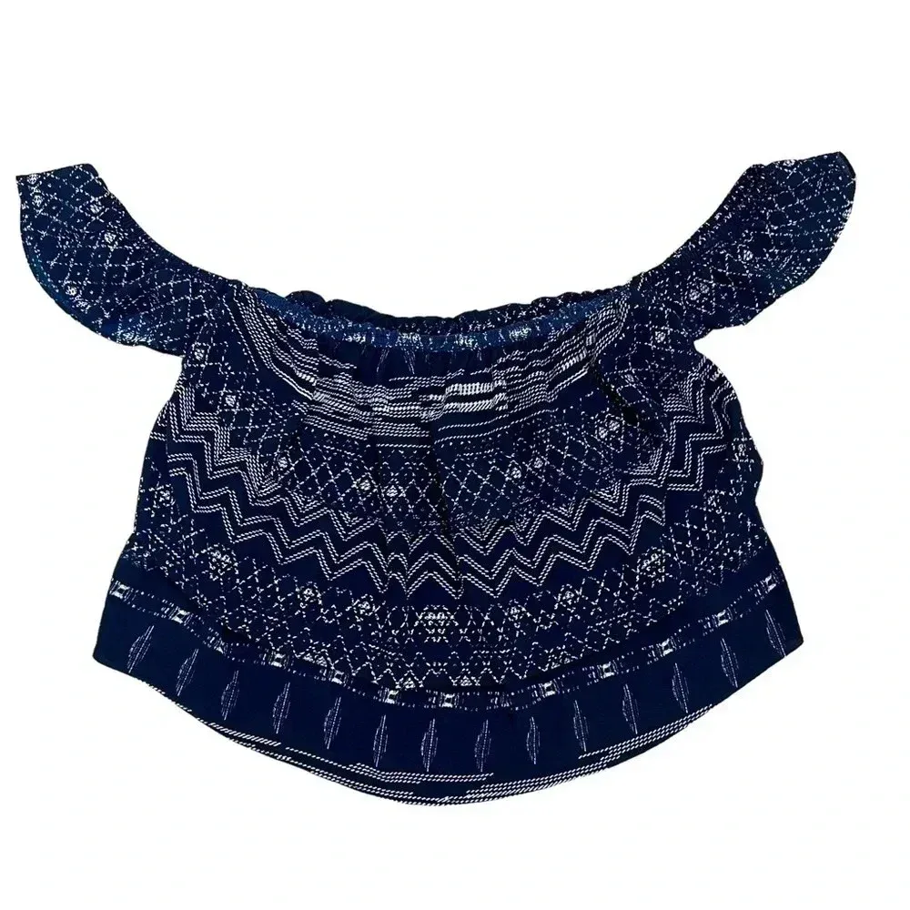 MISA Los Angeles Kaia off shoulder Crop Top Blouse shirt Ruffled tiered Navy S - Image 4