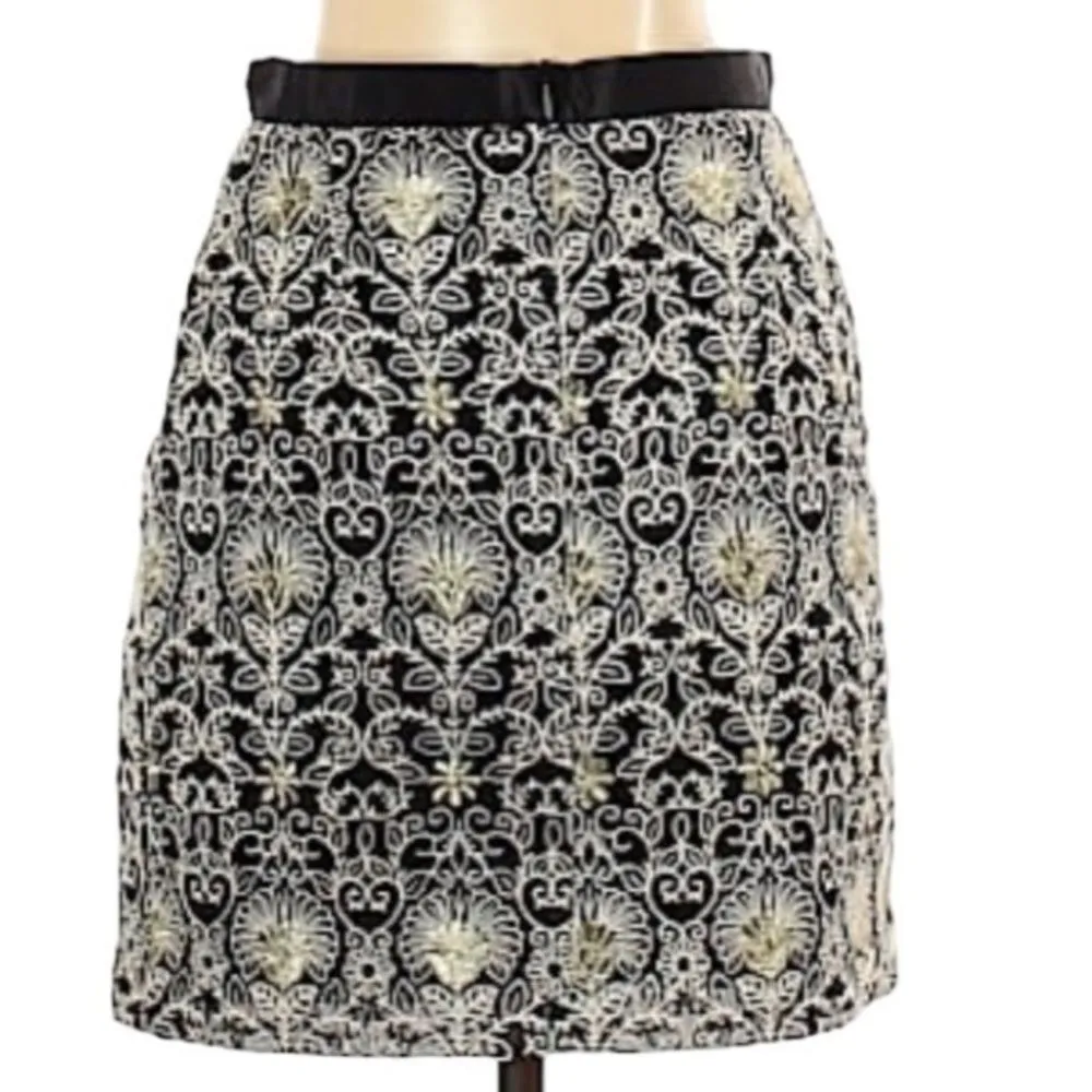 Kooples Black Pencil Skirt Cream & Gold Embroidery Size‎ S Designer Elegant Mini - Image 4
