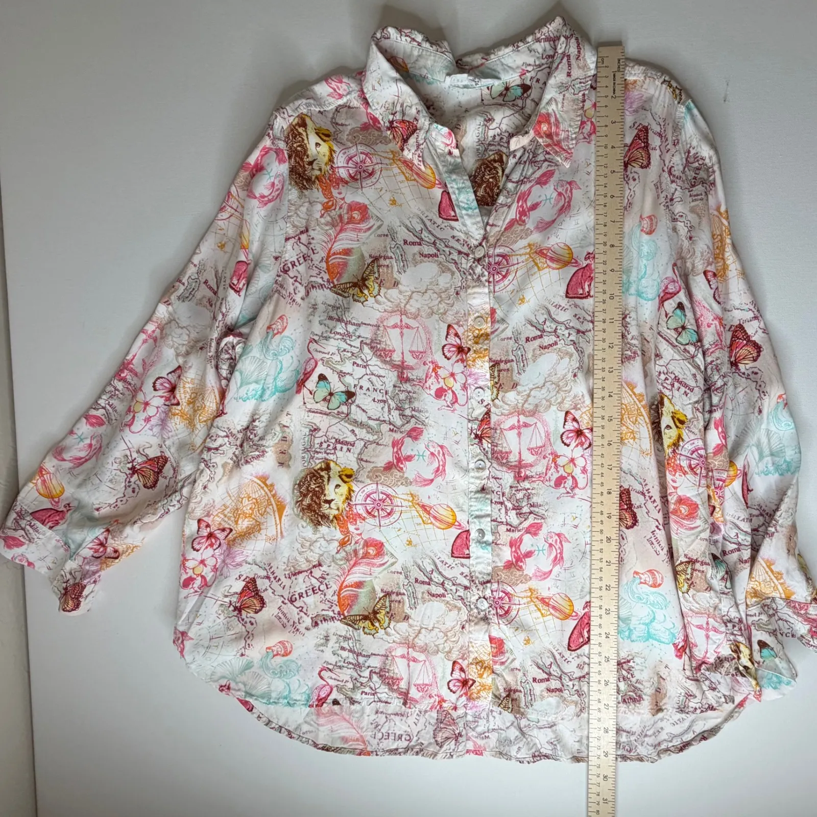 Jane + Delancey Map Butterfly Button Down Shirt Size 1X Coastal Vacation Resort White - Image 7