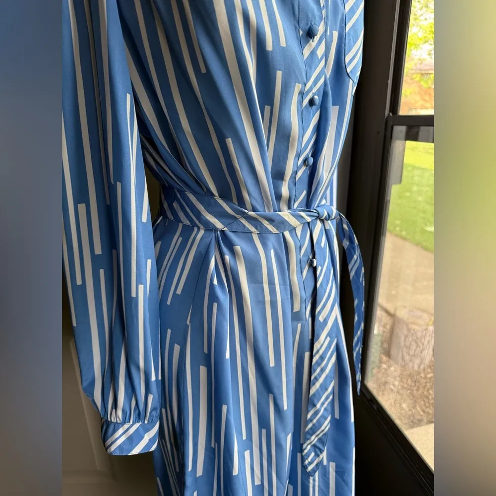 Vintage Schrader Sport NY graphic print long sleeve waist tie dress, size 16 Blue - Image 5