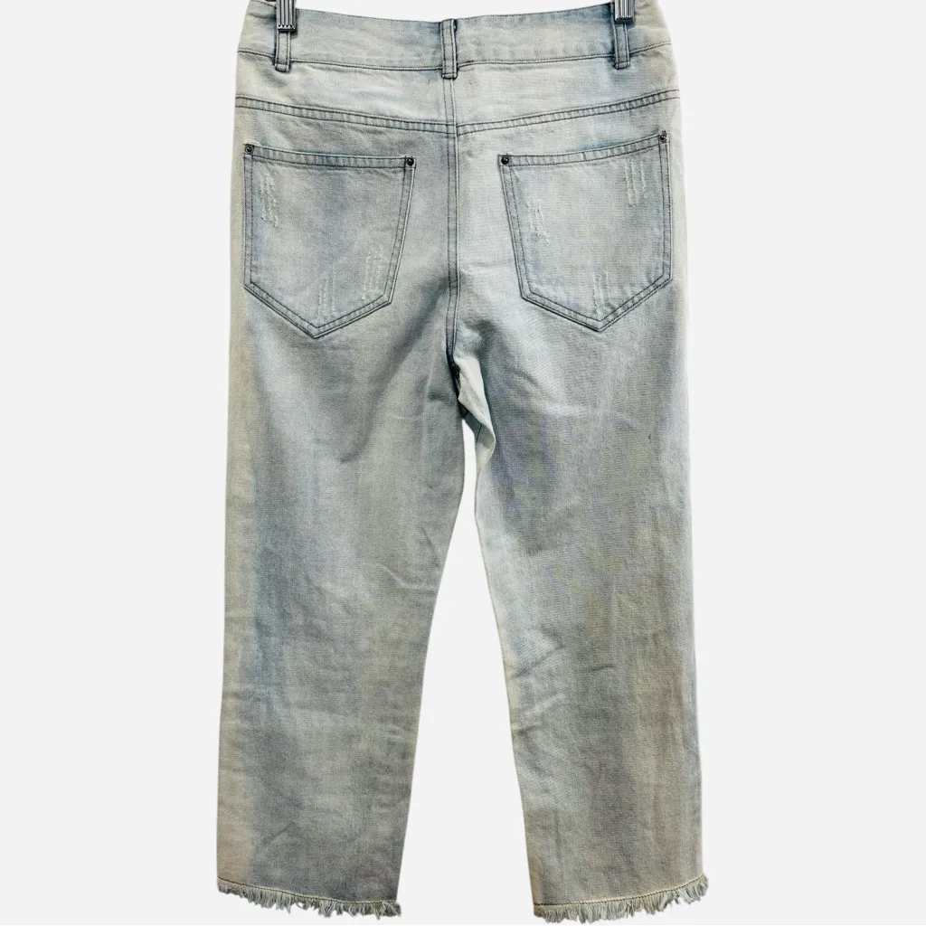 NWT POL Distressed Light Wash Jeans Sequin Patchwork Cropped Raw Hem Small - Image 2