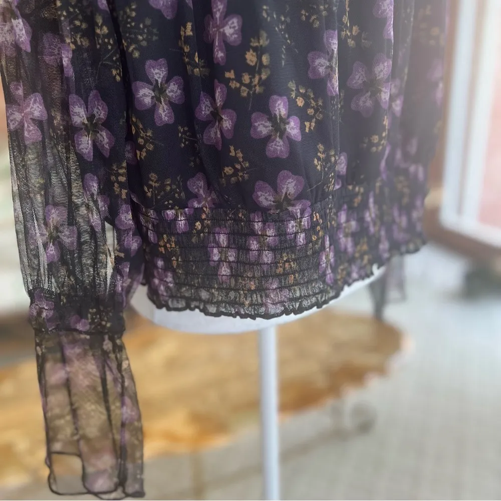 Calligraphie Black Purple Floral Mesh High Neck Smocked Top XL - Image 16