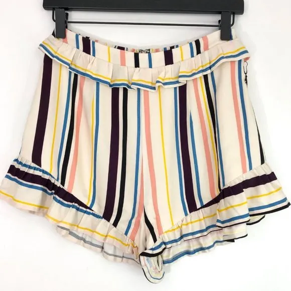 New  Colorful Striped Shorts Ruffle Trim Ivory Multi - Image 4