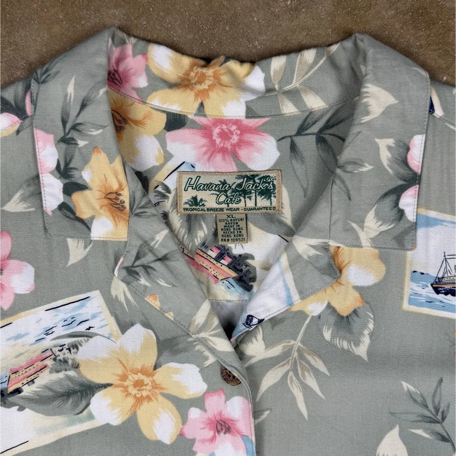 Havana Jack’s Café Hawaiian Shirt Women’s XL Green Floral Boats Tropical‎ - Image 4