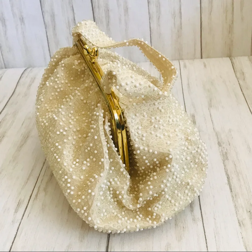 Vintage Cream Color Handbag with Clear & White Beading Gold Tone Hardware - Image 3
