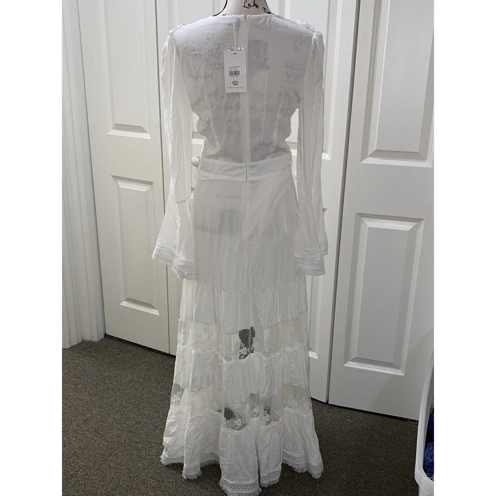 Muy Muy Fancy Cottage Core Lace Embroidered Bell Sleeves White Maxi Dress Sz Sm - Image 3