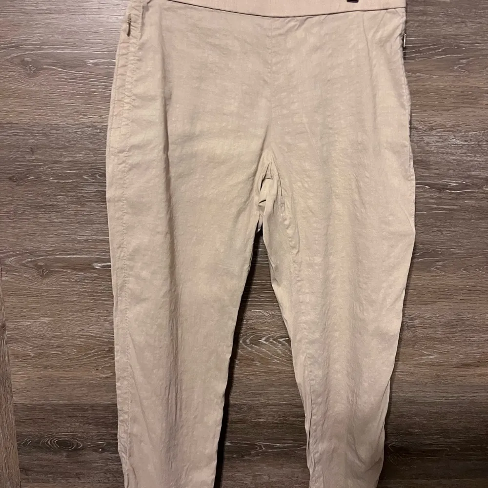 Theory Linen Pants Stretch Ivory Cream Cropped Sz 6 Preppy Pockets - Image 4