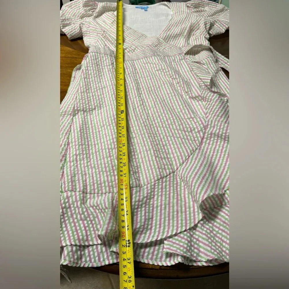 Draper James RSVP Seersucker Wrap Dress Puff Sleeve Ruffle Hem Preppy Small - Image 4