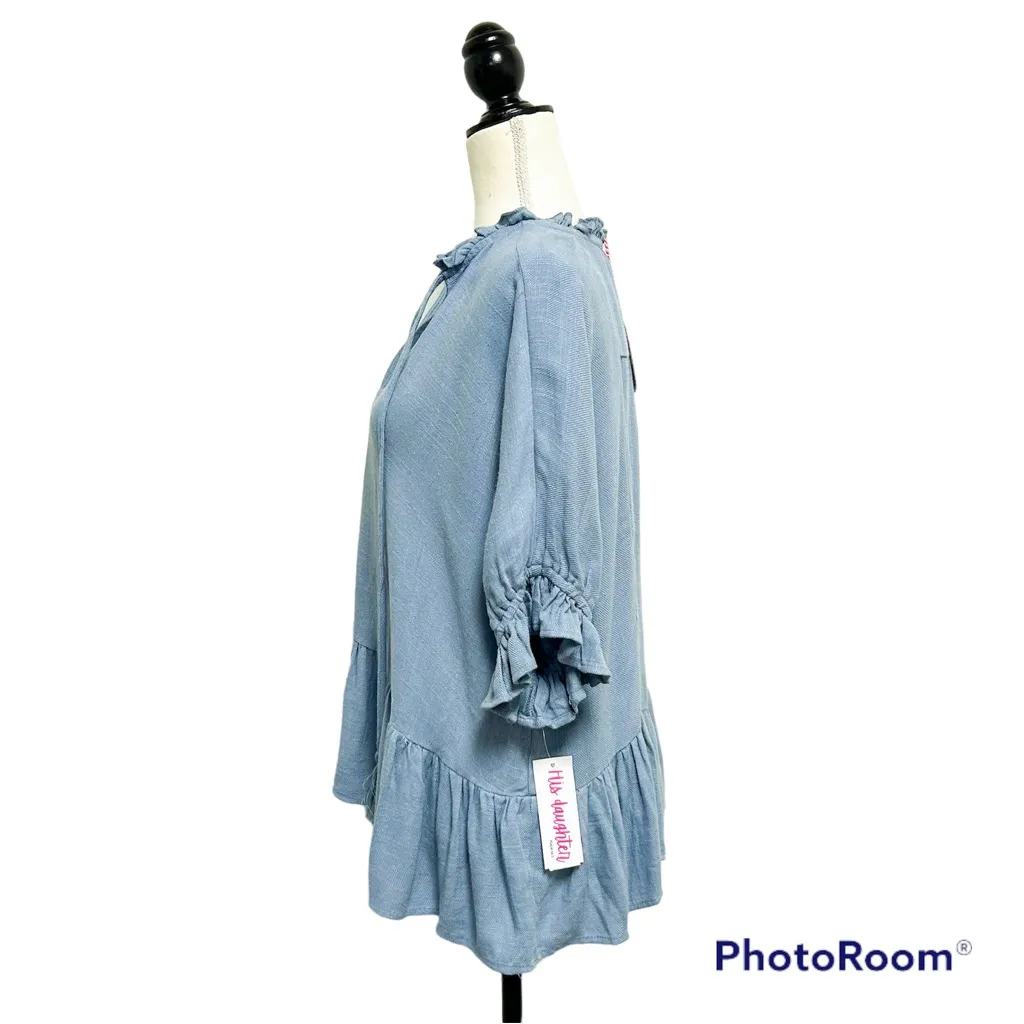 Umgee Dusty Blue V Neck Tie Half Dolman Sleeve Ruffle Linen Oversized Top Small - Image 4