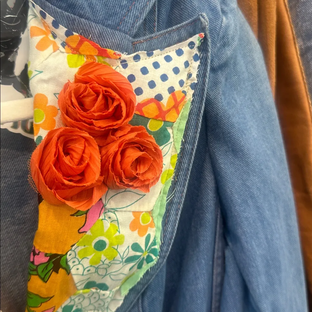 70s denim jacket embellished with quilt fabric Blue Size XS - Image 5