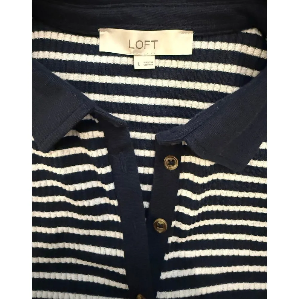 EUC LOFT Women's Navy White Striped Collared Blouse Large - Image 5