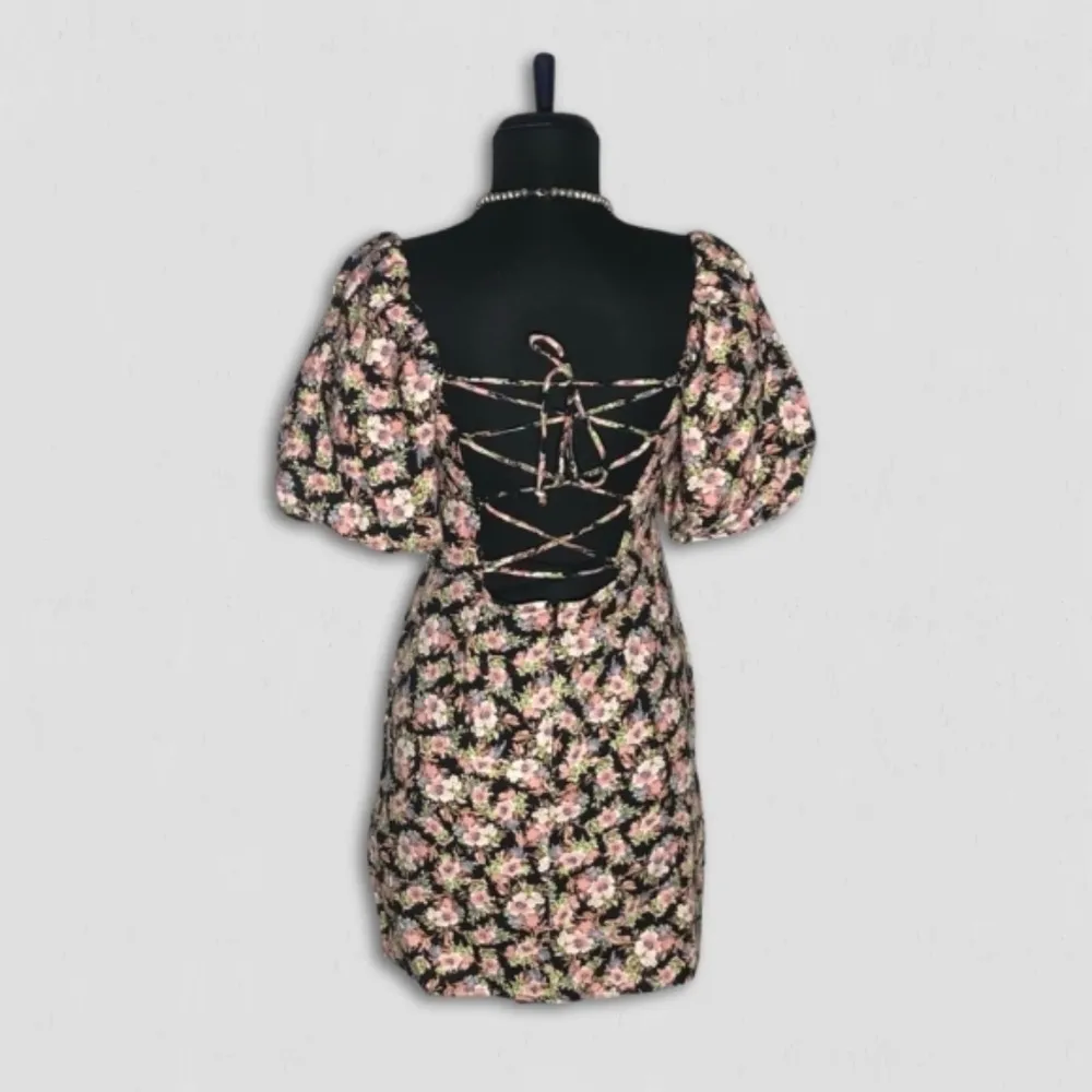 Forever 21 Floral Puff Sleeve Mini Dress Lace Up Black Pink S - Image 3