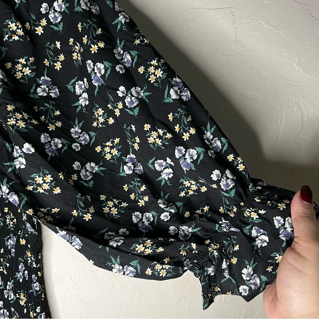 The Grayson Black Ditzy Blue Floral Smocked Puff Sleeve Square Neck Dress - Image 7