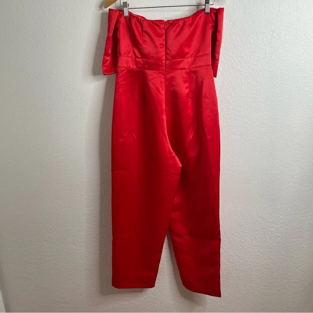 Lulus  Red Satin Jumpsuit Bow Strapless Size Medium - Image 7