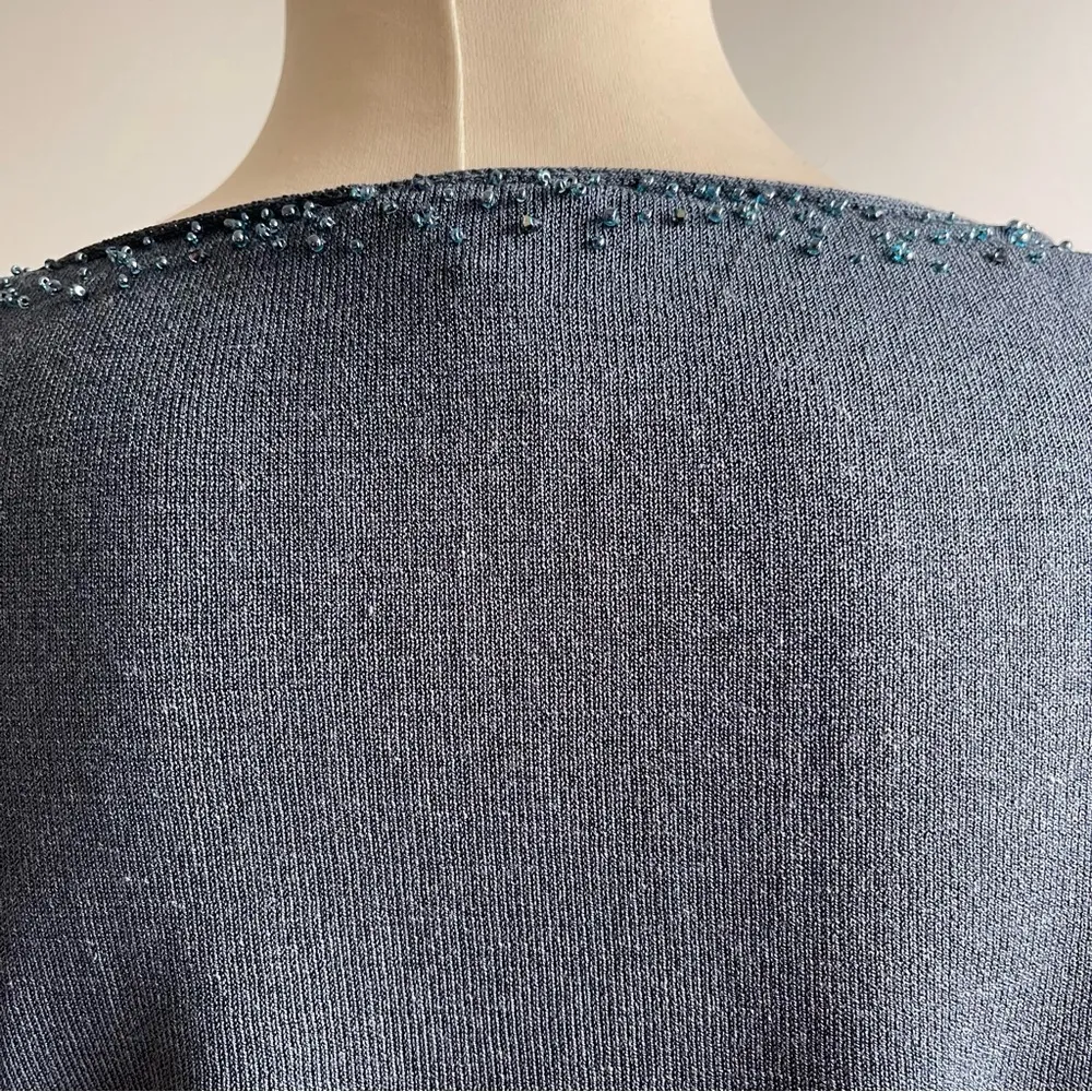 NWOT Eileen Fisher Blue Viscose Cotton Italian Yarn Beaded V-Neck Sweater Large - Image 9