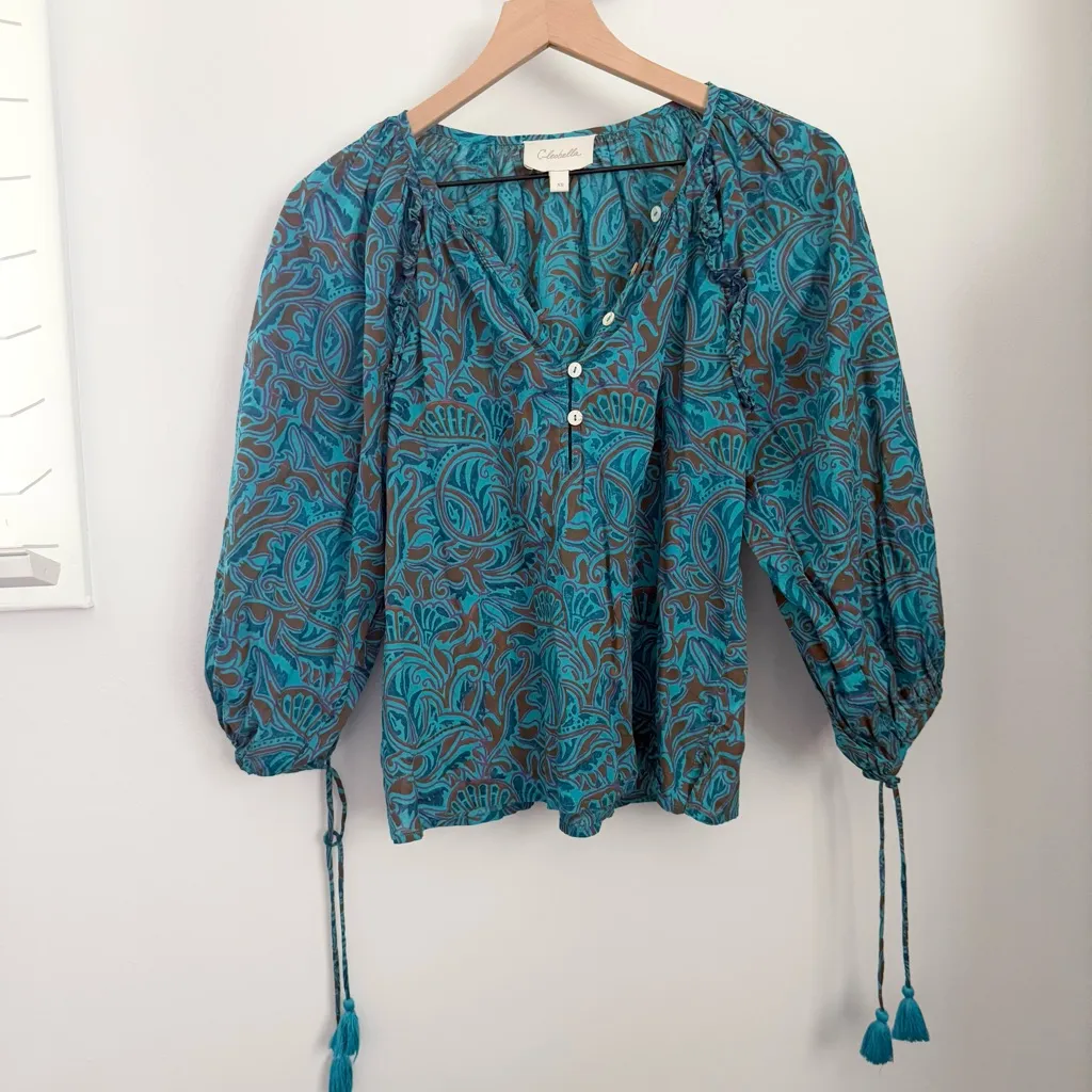 Cleobella Large Jayda Blue Turquoise Floral Tassel Balloon Sleeve Top Organic - Image 3