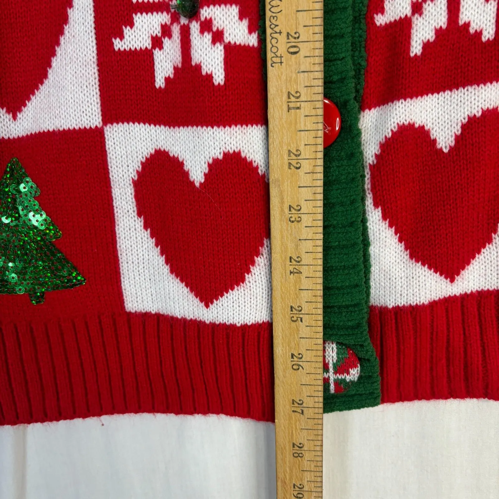 Ugly Christmas Holiday Sweater Button Up Cardigan Red Sequin Trees Sz S (4-6) - Image 7