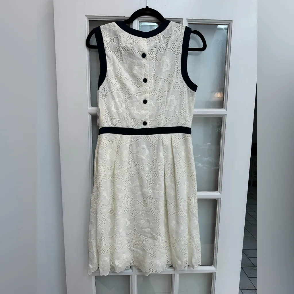 MILLY Carolina Lace Dress Silk Lining Ecru Navy Trim Floral Overlay Size 8 NWT - Image 7