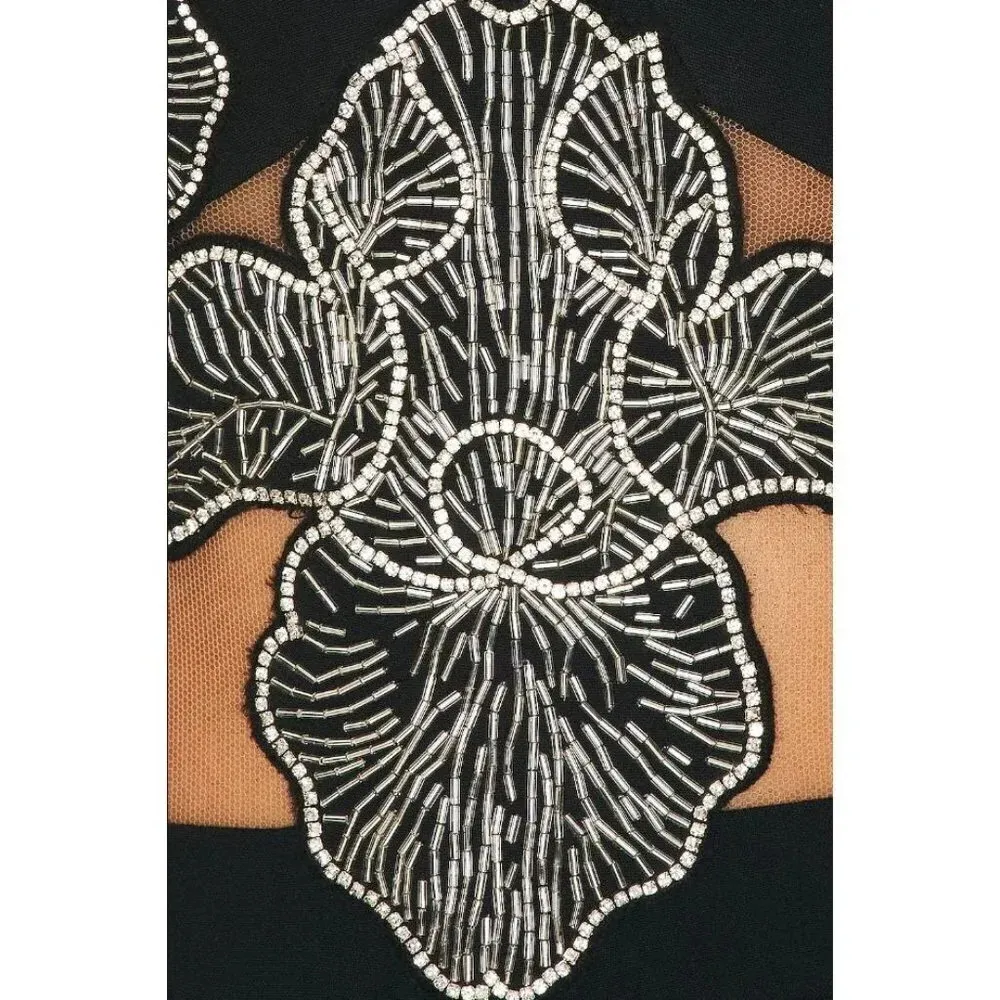 DAVID KOMA Crystal Flower Embroidered Patches Jumpsuit in Black Silver 2 New - Image 4