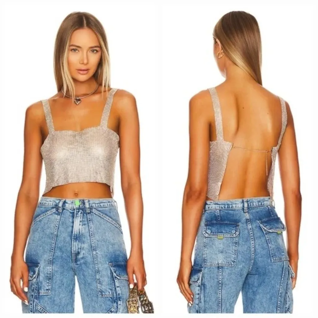 superdown Womens Mackenzie Crop Top in Gold X-Small New Crystal Chainmail Tank - Image 11