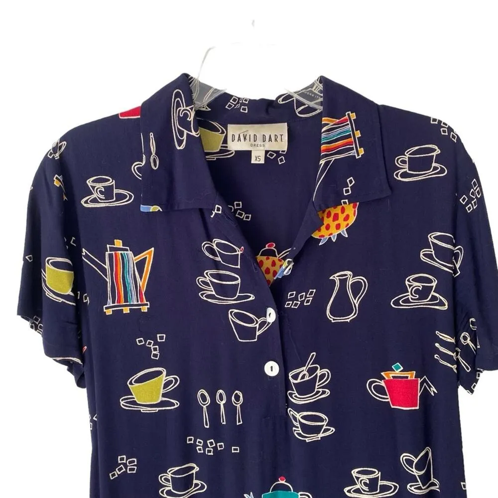 David Dart Vintage Teapot Teacup Coffee Navy Blue Midi Dress Down Size XS - Image 2