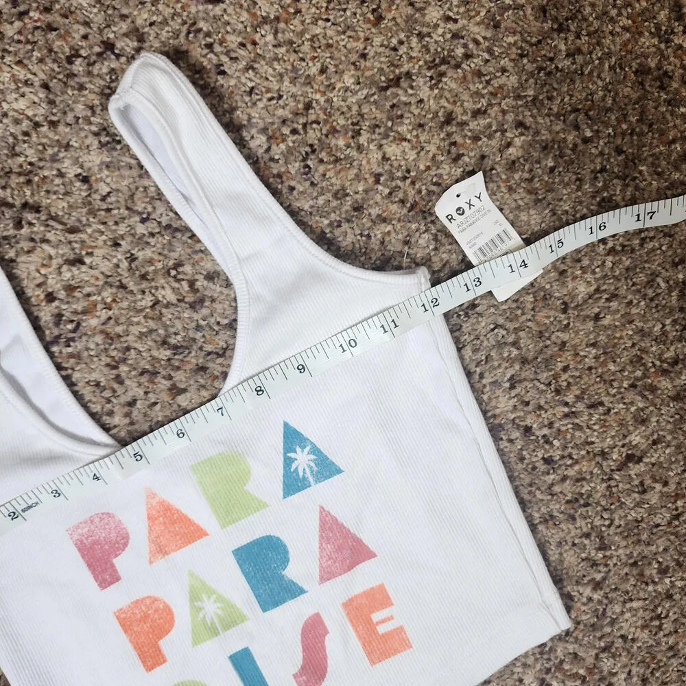 Roxy Women's Para Paradise Cropped Ribbed Tank Top White Rainbow Lettering XS - Image 6