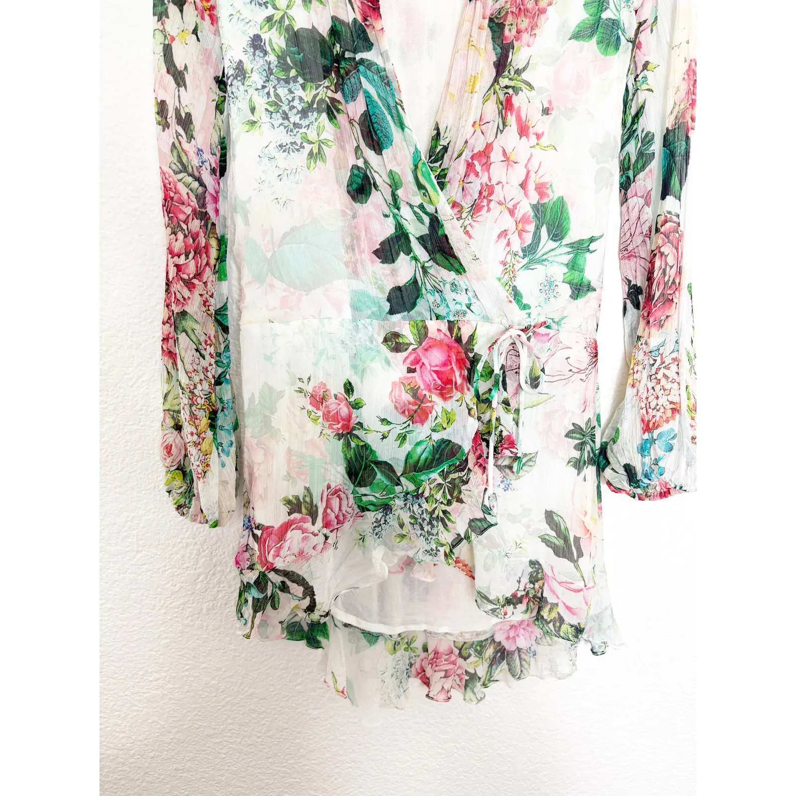 Rococo Sand Isa Wrap Dress Size XS Silk Floral Long Sleeve Mini Bohemian Resort Pink - Image 12