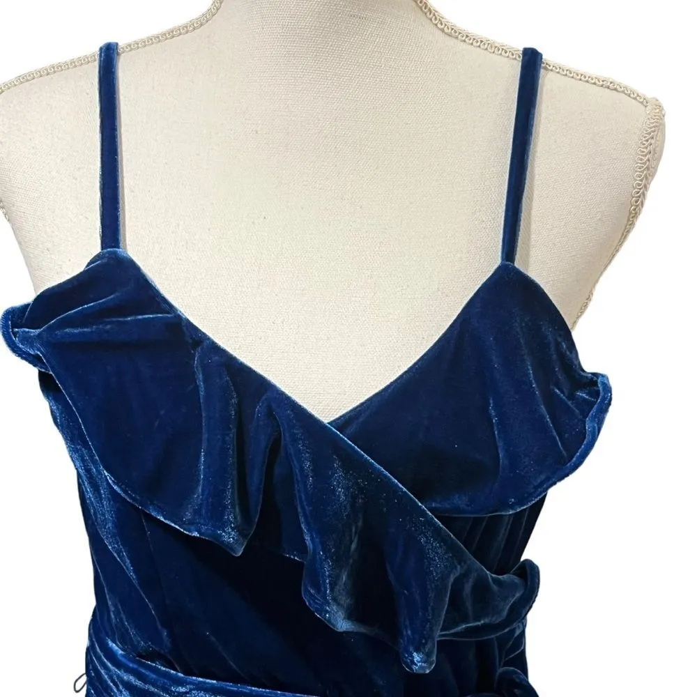 BCBGeneration Blue Velvet Wrap Dress Sz L Ruffle Trim Whimsigoth Baddie Romantic - Image 3