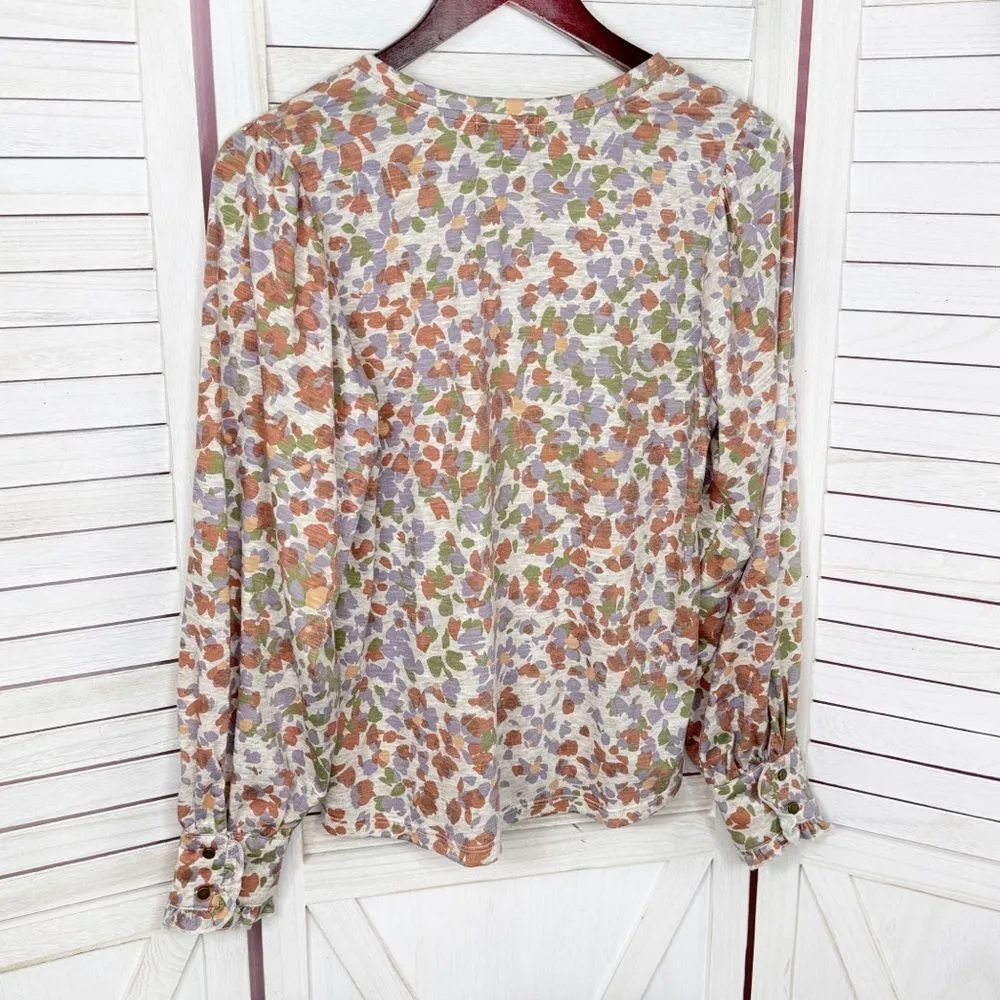 Democracy Printed Wide V Neck Ruffle Snap Cuff Long Sleeve Top Beige Medium - Image 9