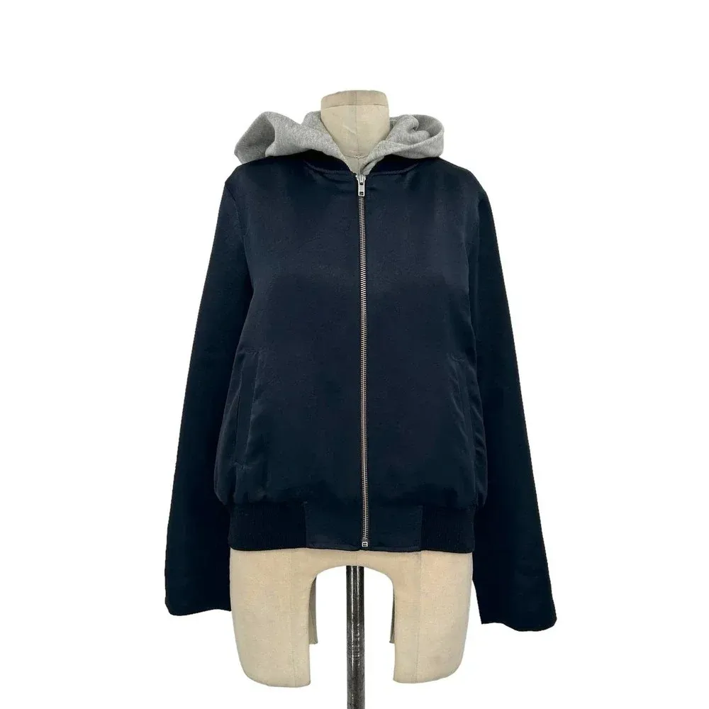 ALC A.L.C. Edison Bomber Jacket Zip Up Hoodie Layered Satin Blue Gray Size Large‎ - Image 2