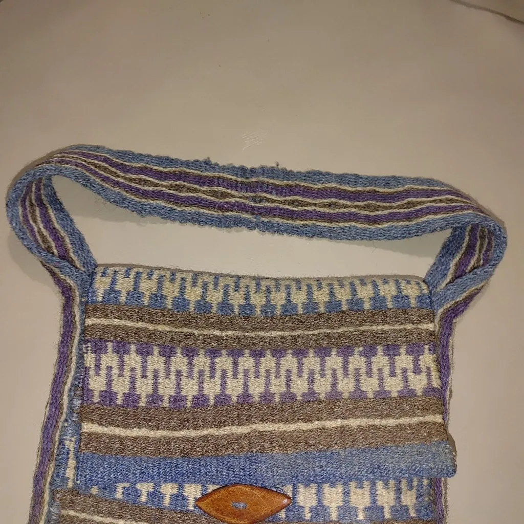 Handwoven Wool Shoulder Bag Blue White Brown Stripes Wood Button Closure Vintage - Image 8