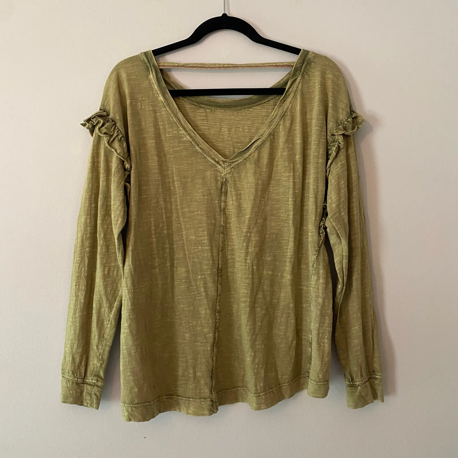 Anthropologie Pilcro Olive Green 100% Cotton Long Sleeve Ruffle Women size Small - Image 5
