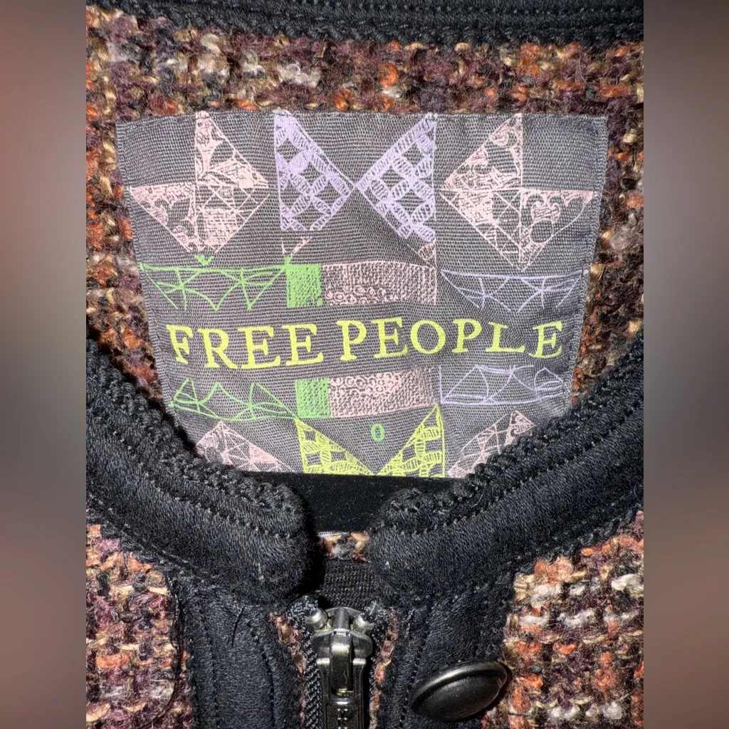 Free People "Coco" Vintage Tweed Wool Fitted Lined Moto Jacket Zipper Detail - Image 2