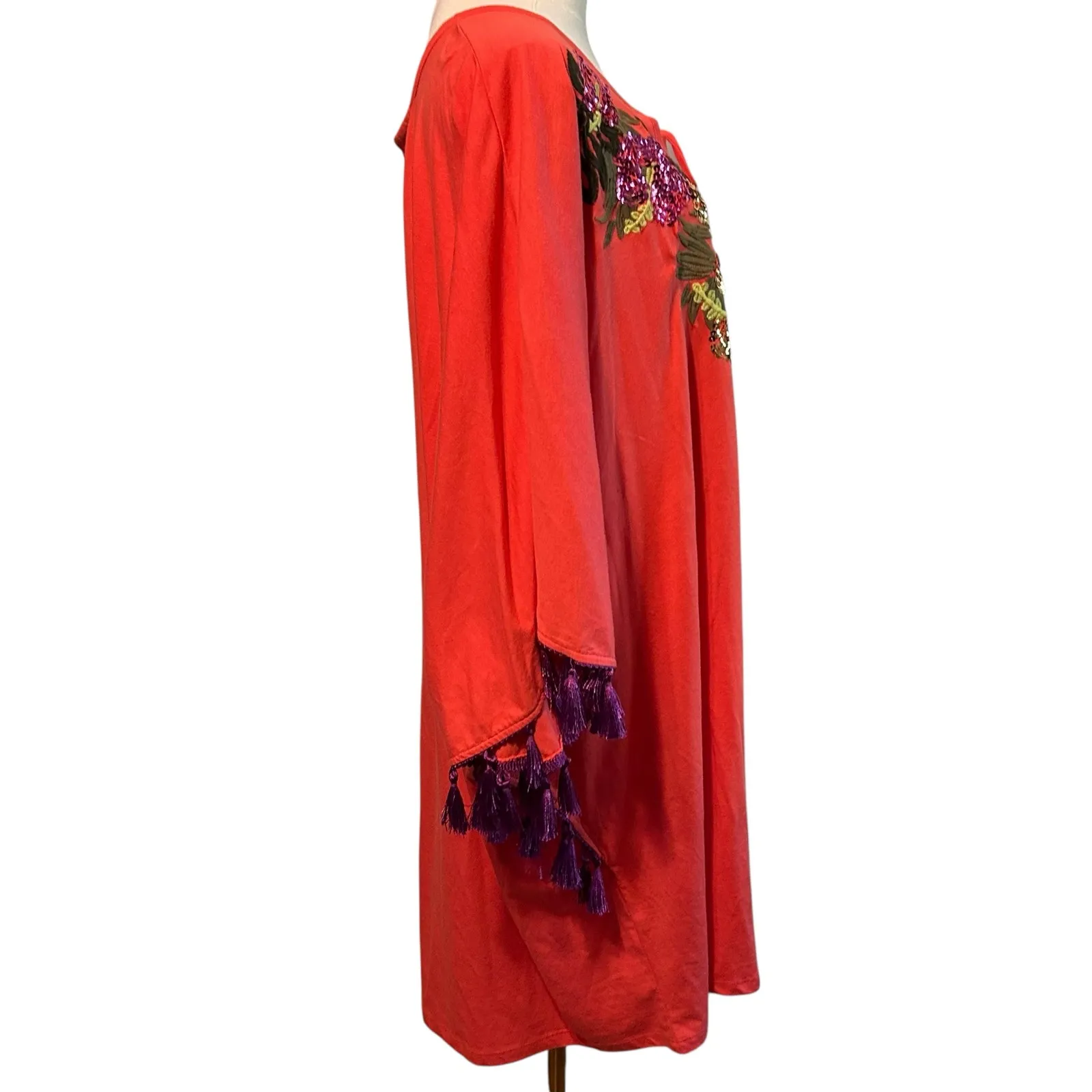 Roamans Top Poncho NWOT 3X 30/32 Embroidery Sequins Tassel Tie Art to Wear Orange - Image 7