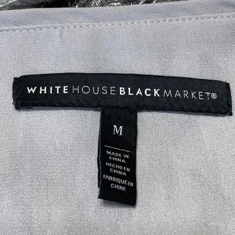 White House Black Market Silver Metallic Feather Long Sleeve A Line Mini Dress M - Image 4