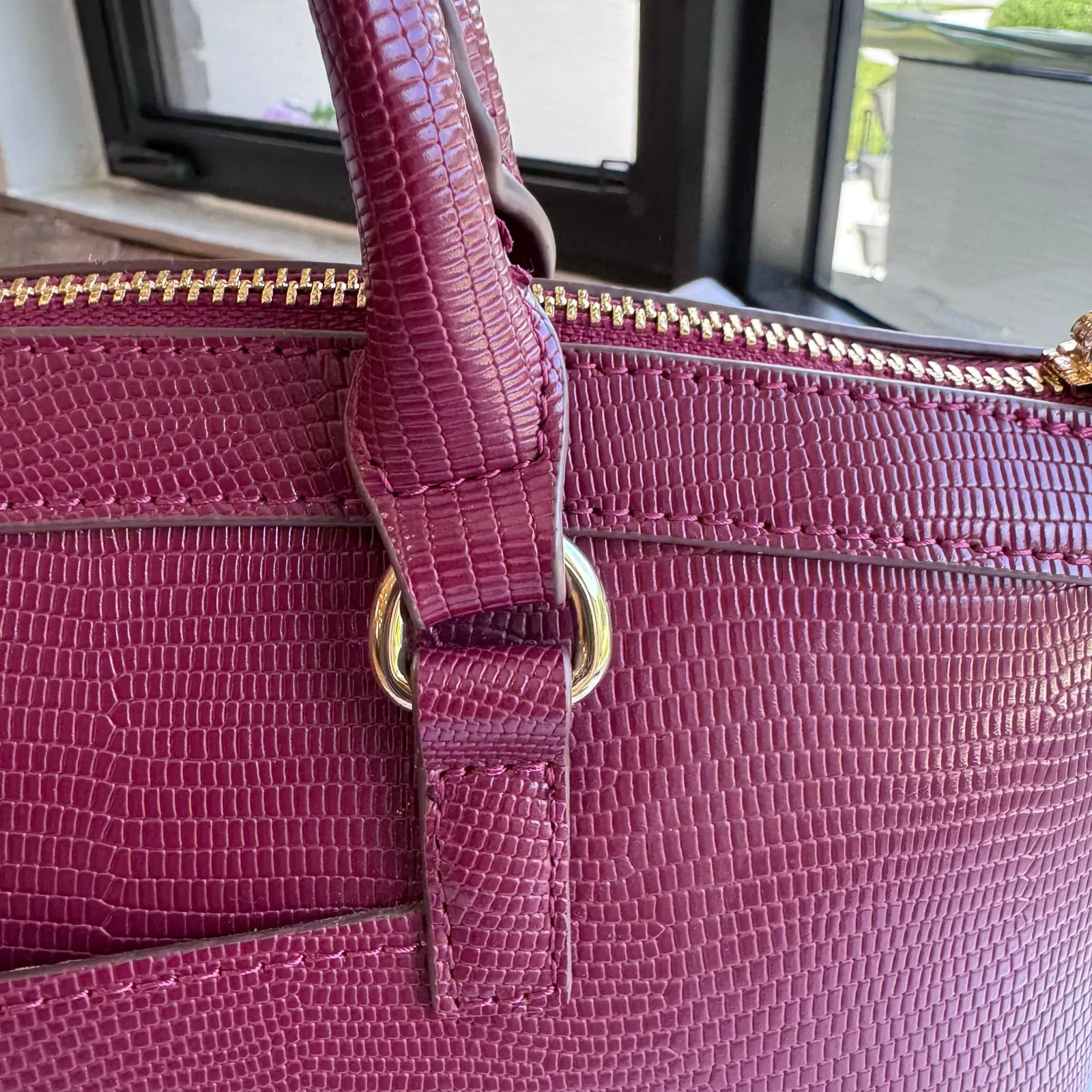 Anne Klein Burgundy Satchel Textured Faux Leather Gold Hardware Fall handbag - Image 10